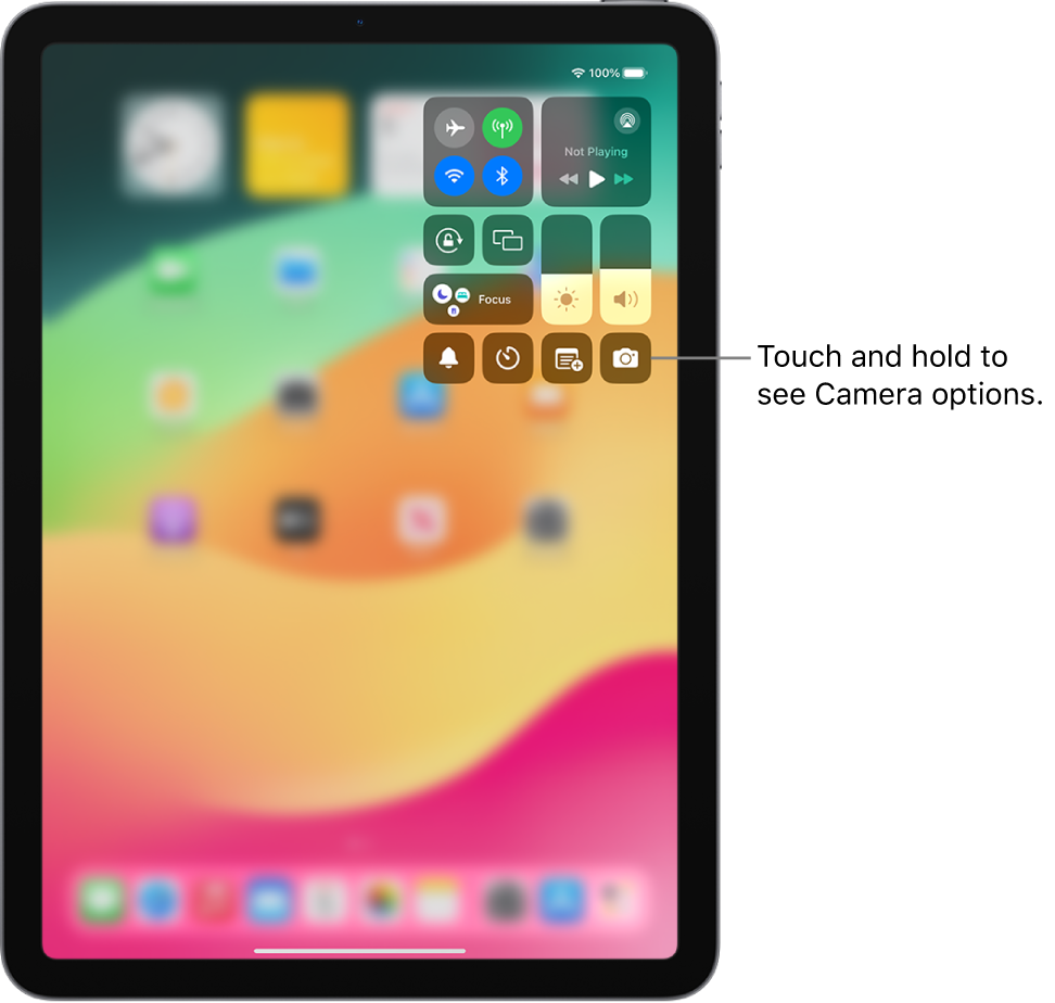 The iPad Control Center. Controls for airplane mode, cellular data, Wi-Fi, and Bluetooth are in the top-left group in Control Center for Wi-Fi + Cellular iPad models. The Camera control is at the bottom right.