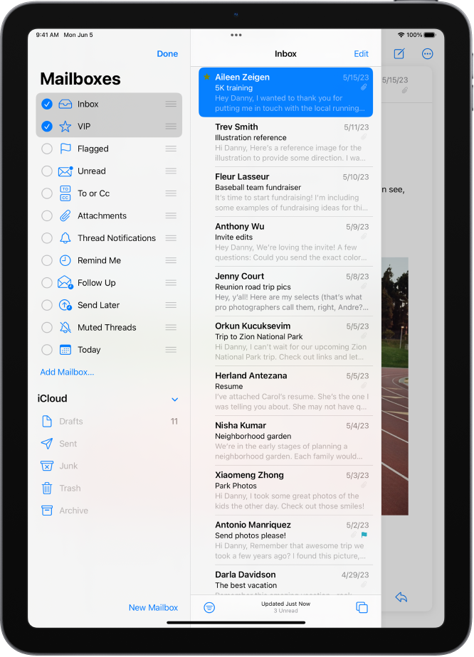 The Mailboxes edit screen. Optional Mailboxes are listed from top to bottom with a checkbox to the left of each option. At the bottom-right corner of the screen is a button labeled New Mailbox.