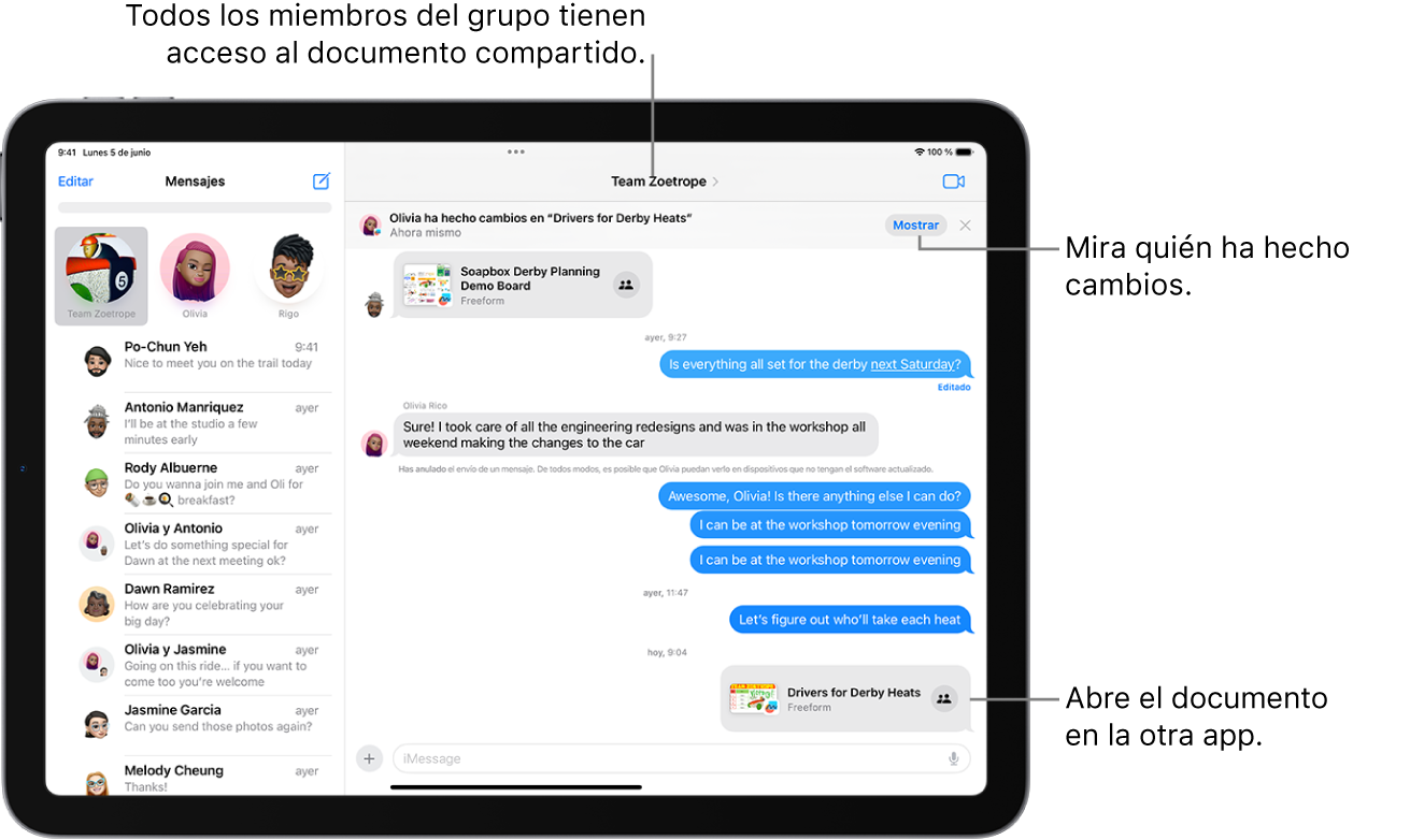 Conversación de grupo en la app Mensajes con una invitación de colaboración y actualizaciones en la parte superior de la ventana de la conversación.