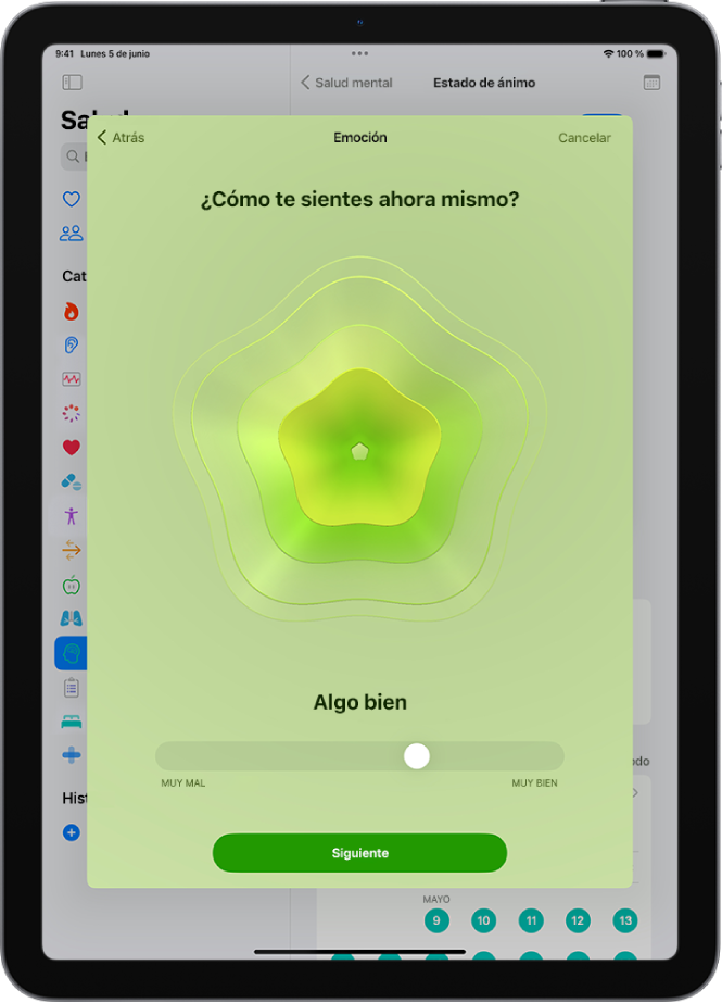 Pantalla en la app Salud donde se identifica el estado de ánimo actual como “Algo bien”. En la parte inferior de la pantalla hay un regulador para ajustar el nivel de la emoción.