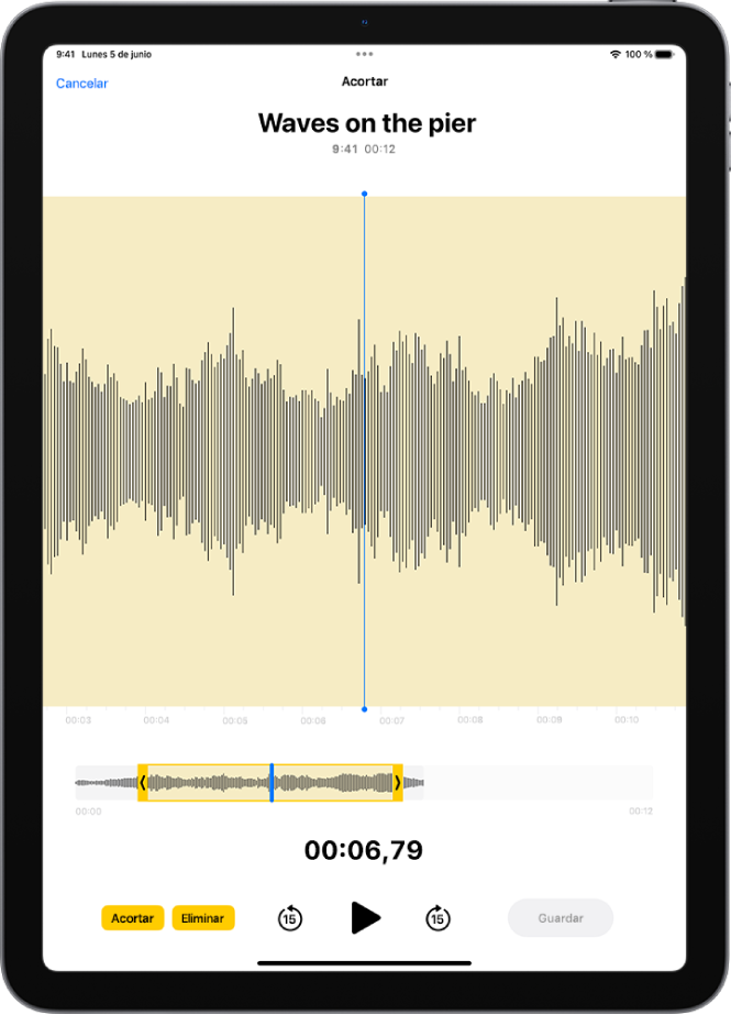 Se está editando una grabación, con los tiradores de recorte amarillos que enmarcan una porción de la forma de onda de audio en la parte inferior de la pantalla. A la izquierda de los controles de reproducción están el botón Acortar para eliminar la parte de la grabación que se encuentra fuera de los tiradores, y el botón Eliminar para eliminar la parte de la grabación que se encuentra dentro de los tiradores.