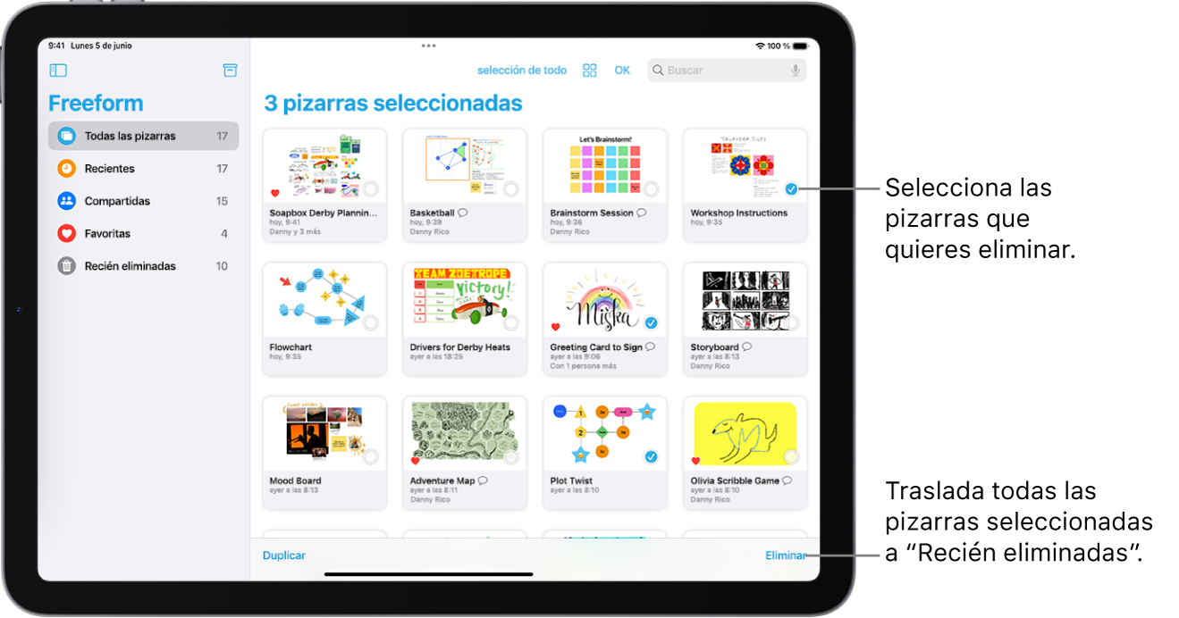 Hay varias pizarras seleccionadas en la visualización “Todas las pizarras” en Freeform. El botón Eliminar está en la esquina inferior derecha de la pantalla.