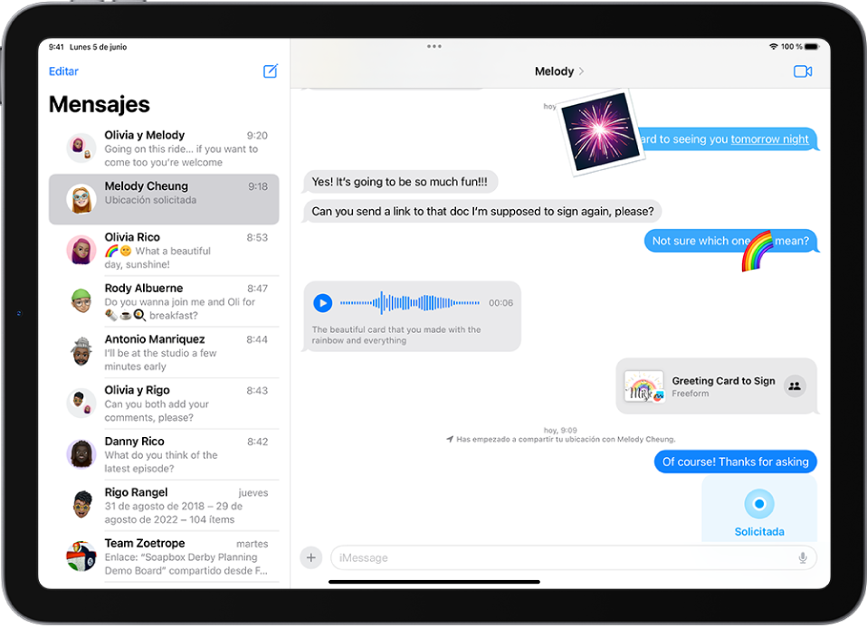 Conversación de la app Mensajes con las funciones de iMessage.