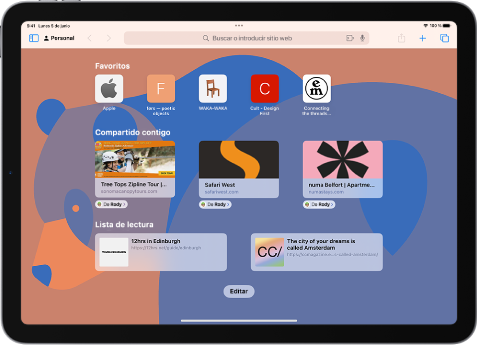 La página principal de Safari, que muestra los sitios web favoritos, los sitios web compartidos contigo y los sitios web guardados en tu lista de lectura. En la parte inferior de la pantalla se encuentra el botón Modificar.