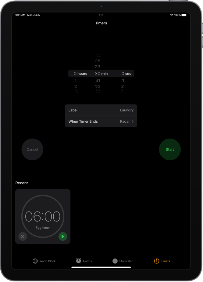 Vahekaardil Timers näidatakse taimeri seadeid. Taimeri seadete all on hiljuti loodud taimer. Allosas kuvatakse nupud World Clock, Alarm, Stopwatch ja Timers.