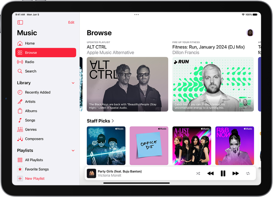 Kuvas Browse on vasakul küljeriba ning jaotis Browse paremal. Kuva Browse, mille ülaosas kuvatakse esiletõstetud muusikat. Esiletõstetud muusika ning videote kuvamiseks pühkige vasakule. All on jaotis Staff Picks, kus kuvatakse nelja Apple Musicu jaama. All paremal on pleier.