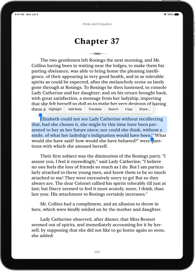 Rakenduses Books kuvatakse raamatu lehekülge, kus osa tekstist on valitud. Valitud teksti kohal on nupud Highlight, Add Note, Translate, Search, Copy, ja Share.