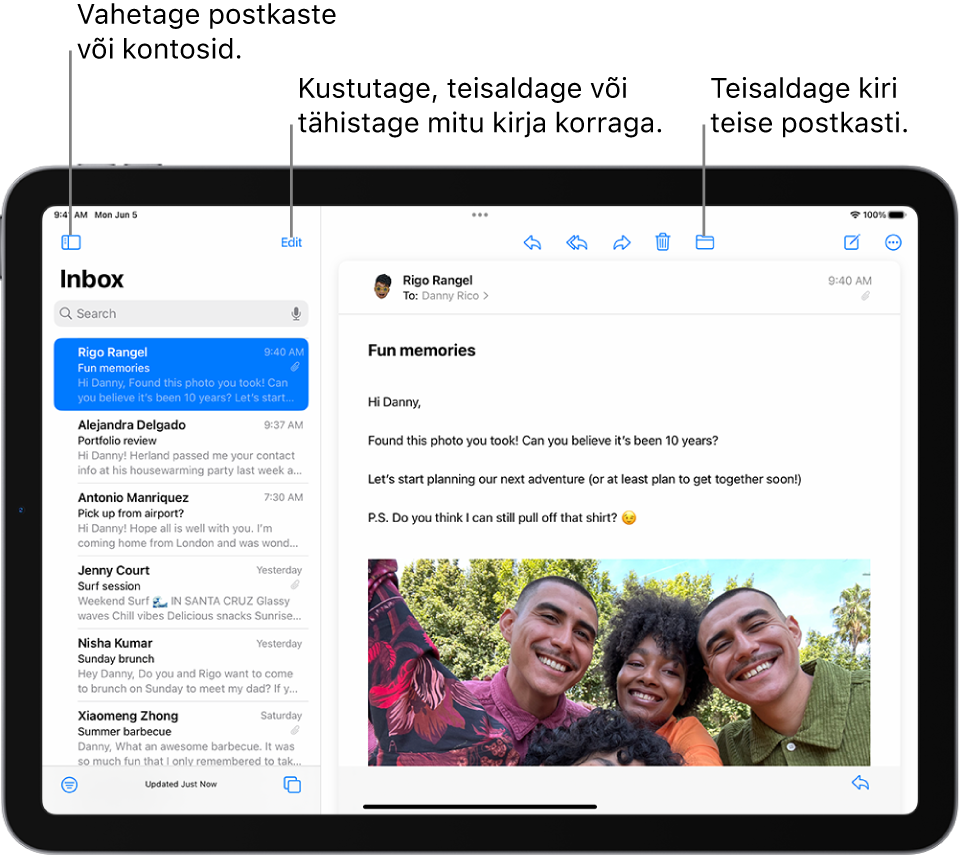 Rakenduse Mail Inbox, kus vasakul on e-kirjade loend ning paremal avatud e-kiri.