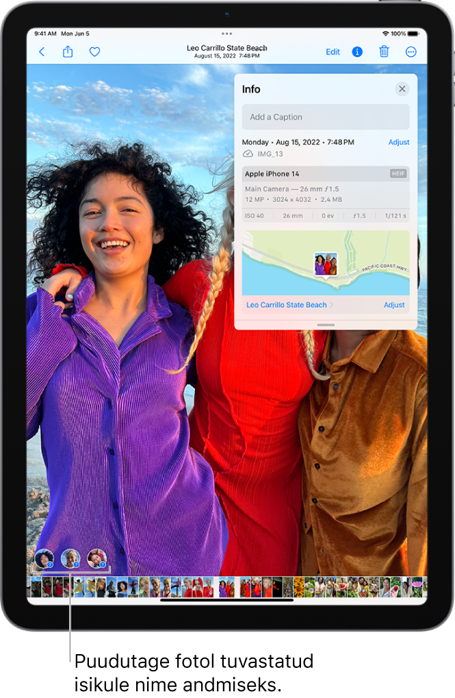 iPadi ekraanil kuvatakse rakenduses Photos avatud fotot. Foto alumises vasakus nurgas on fotol kuvatavate inimeste juures küsimärgid.