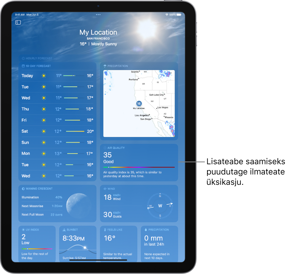 Rakenduse Weather kuvas on ülaosas asukoht ning hetketemperatuur ja ilmatingimused. Ekraani ülejäänud osas kuvatakse sellist ilmateavet nagu kümne päeva ennustus, sademete kaart, kuufaaas, tuulesuund ja -kiirus, UV-indeks, päikeseloojangu aeg, tuntav temperatuur ning sademete ennustus.