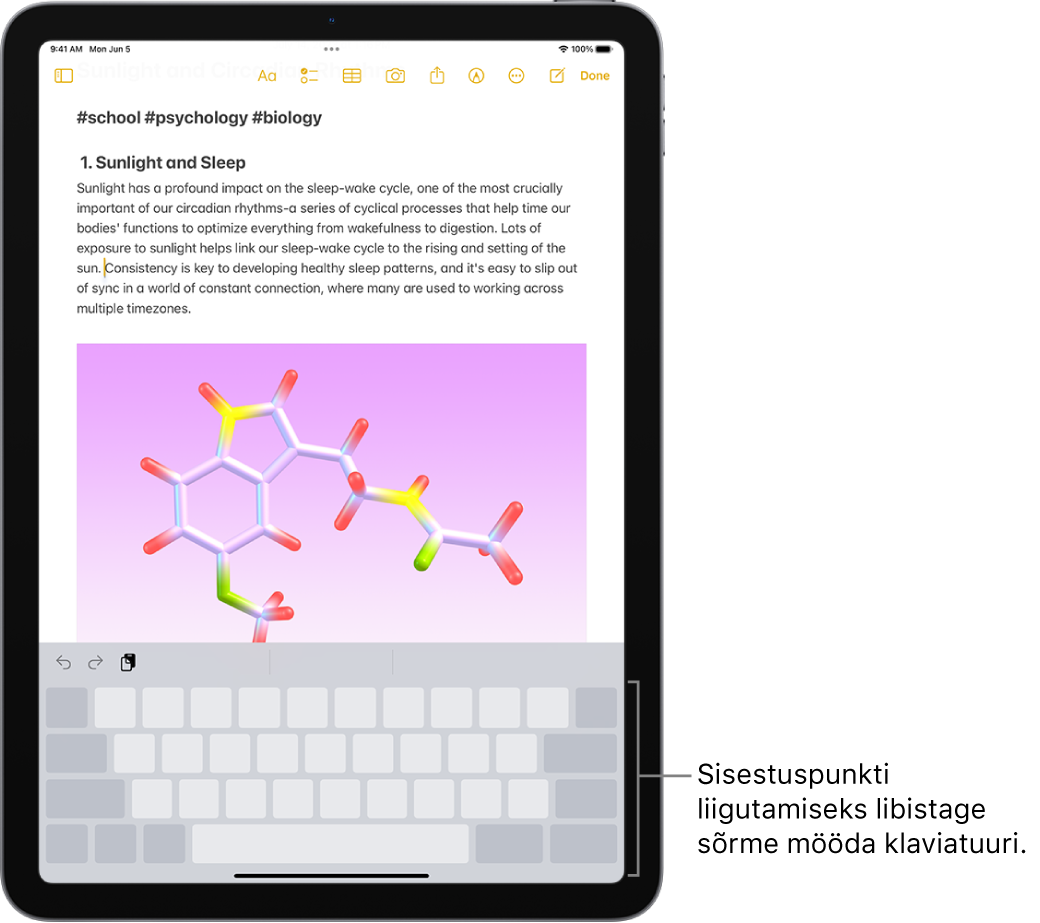 Rakenduses Notes on avatud dokument. Ekraani alumises pooles on puuteplaadi režiimis ekraaniklaviatuur.