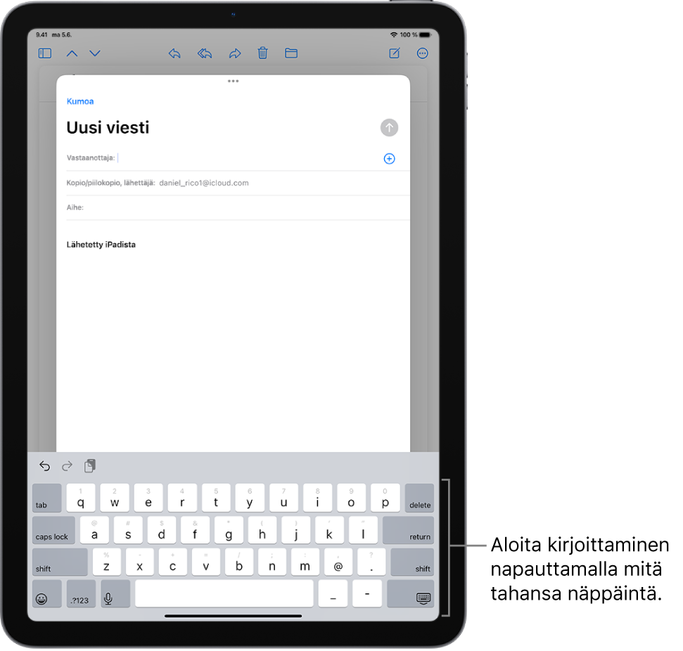 Mail-apissa on auki tyhjä sähköpostiviesti. Näytöllä näkyvä näppäimistö on näytön alareunassa.