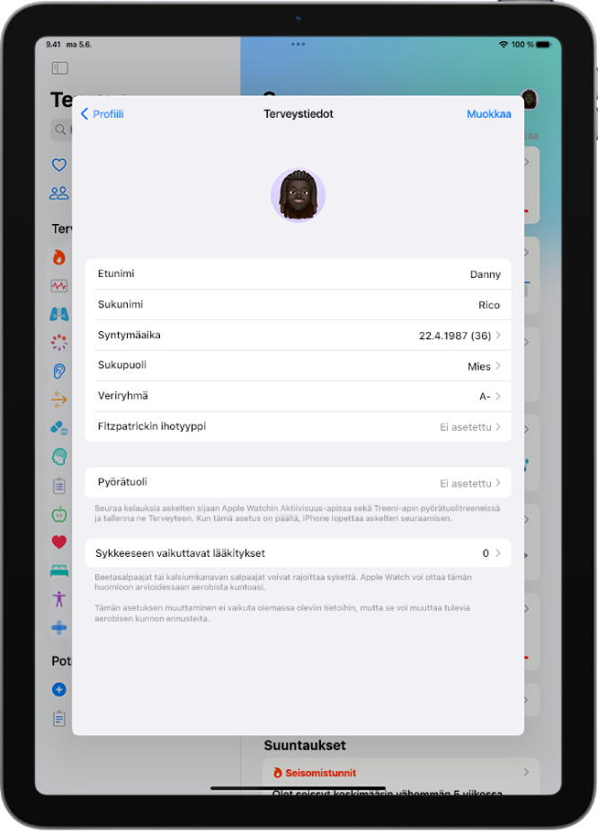 Terveystiedot-näyttö, jossa on nimen, syntymäpäivän ja veriryhmän kentät sekä muita tietoja.