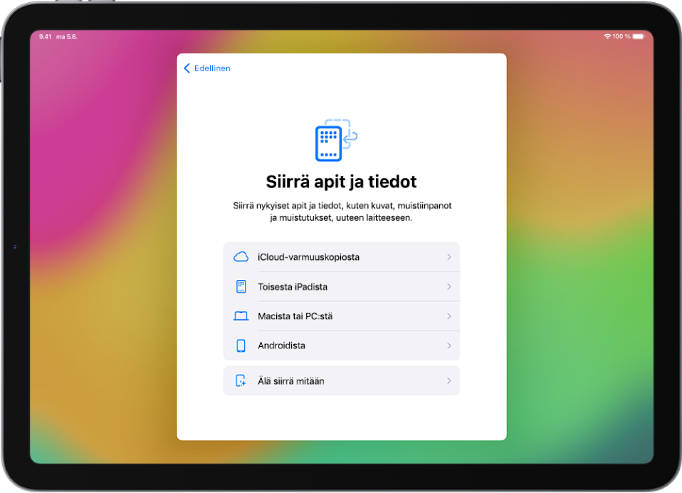Käyttöönottonäyttö, jolla on mahdollisuus siirtää apit ja tiedot iCloud-varmuuskopiosta, toisesta iPadista, Macista, PC:stä tai Android-laitteesta.