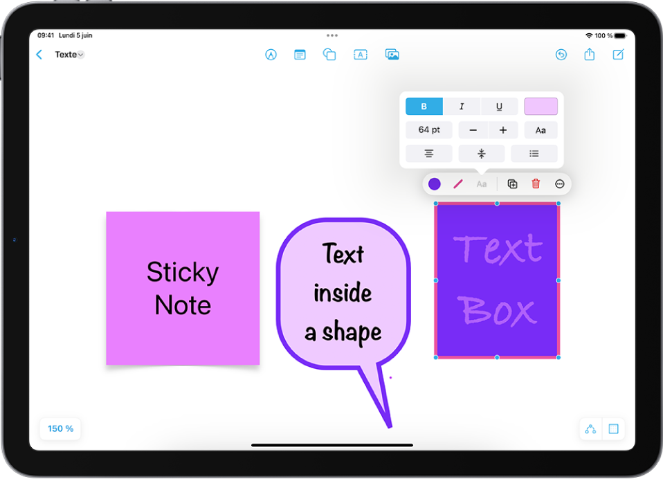 Un tableau Freeform affichant une zone de texte sélectionnée et les outils de mise en forme du texte au-dessus.