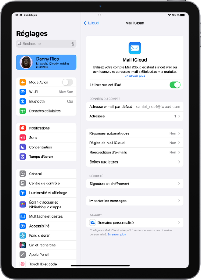 L’app Réglages ouverte sur l’écran « Mail iCloud ». L’option « Domaine de messagerie personnalisé » apparaît en bas du menu.