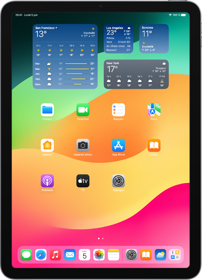 L’écran d’accueil de l’iPad. En haut de l’écran figurent quatre widgets Météo pour quatre lieux différents.