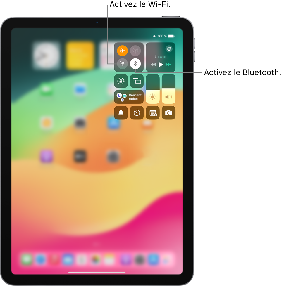 Le centre de contrôle de l’iPad au sein duquel le mode Avion est activé. Les boutons pour activer le Wi-Fi et le Bluetooth se trouvent près de l’angle supérieur gauche du centre de contrôle.