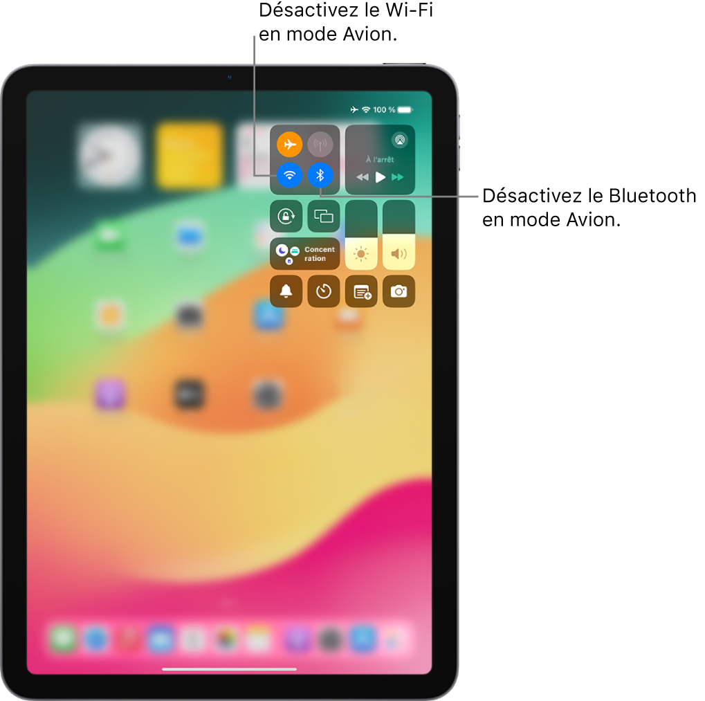 Le centre de contrôle de l’iPad au sein duquel le mode Avion est activé. Les boutons pour désactiver le Wi-Fi et le Bluetooth se trouvent près de l’angle supérieur gauche du centre de contrôle. Touchez l’icône Bluetooth pour désactiver le Bluetooth en mode Avion. Touchez l’icône Wi-Fi pour désactiver le Wi-Fi en mode Avion.