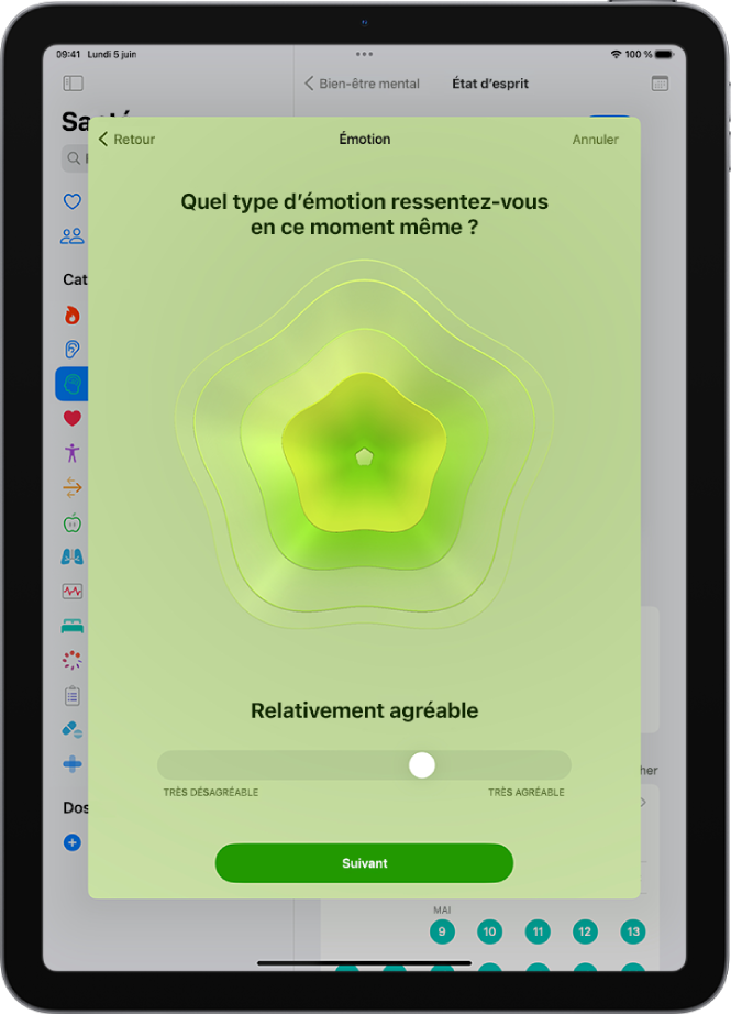Écran de l’app Santé indiquant que l’humeur actuelle est Relativement agréable. En bas de l’écran, un curseur permet de régler le niveau de l’émotion.