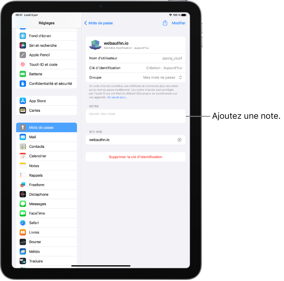 Réglages « Mots de passe », affichant des informations pour une clé d’identification et un champ pour saisir une note.