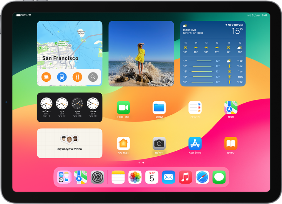 הווידג׳ט מפות, וידג׳טים נוספים ואייקונים של יישומים במסך הבית של ה‑iPad‏.