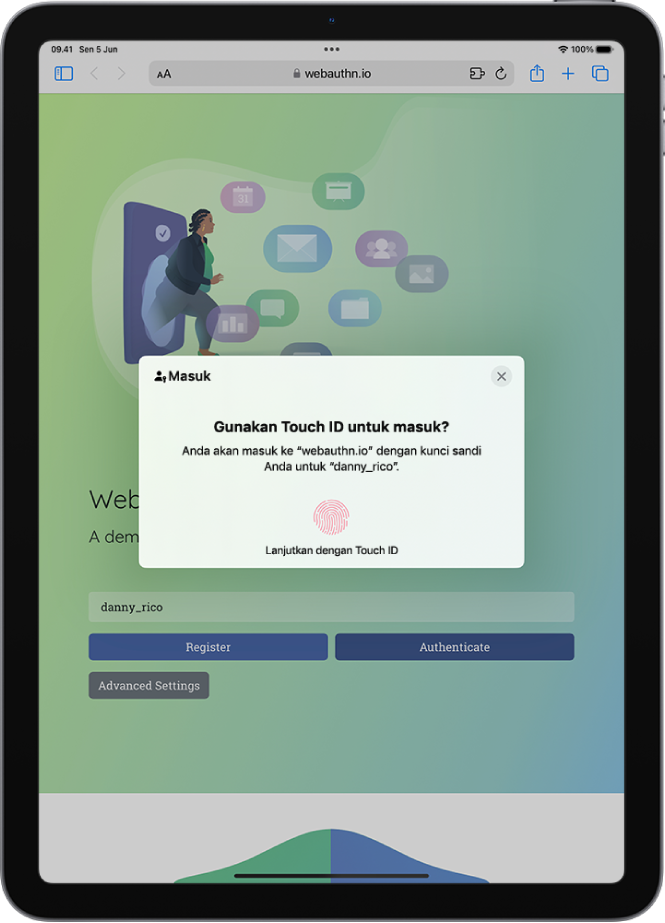 Layar masuk untuk akun yang menggunakan Touch ID sebagai bagian kunci sandi.