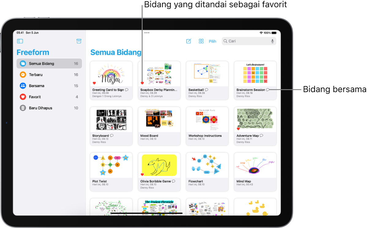 Freeform terbuka di iPad. Semua Bidang dipilih di bar samping, dan gambar mini bidang muncul di sebelah kanan.