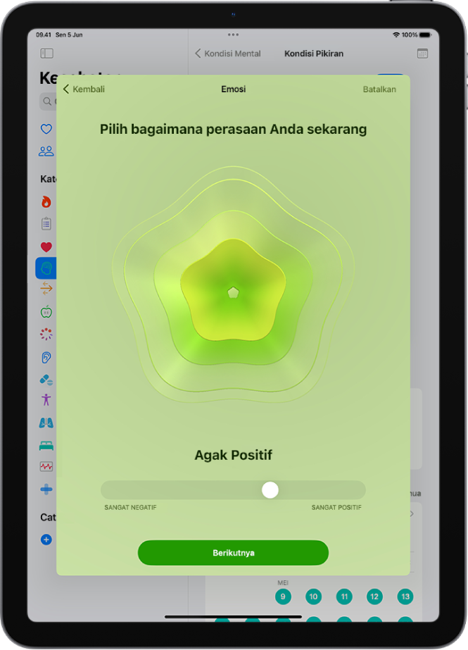 Layar di app Kesehatan mengidentifikasi suasana hati saat ini sebagai Agak Positif. Di bagian bawah layar terdapat penggeser untuk menyesuaikan level emosi.