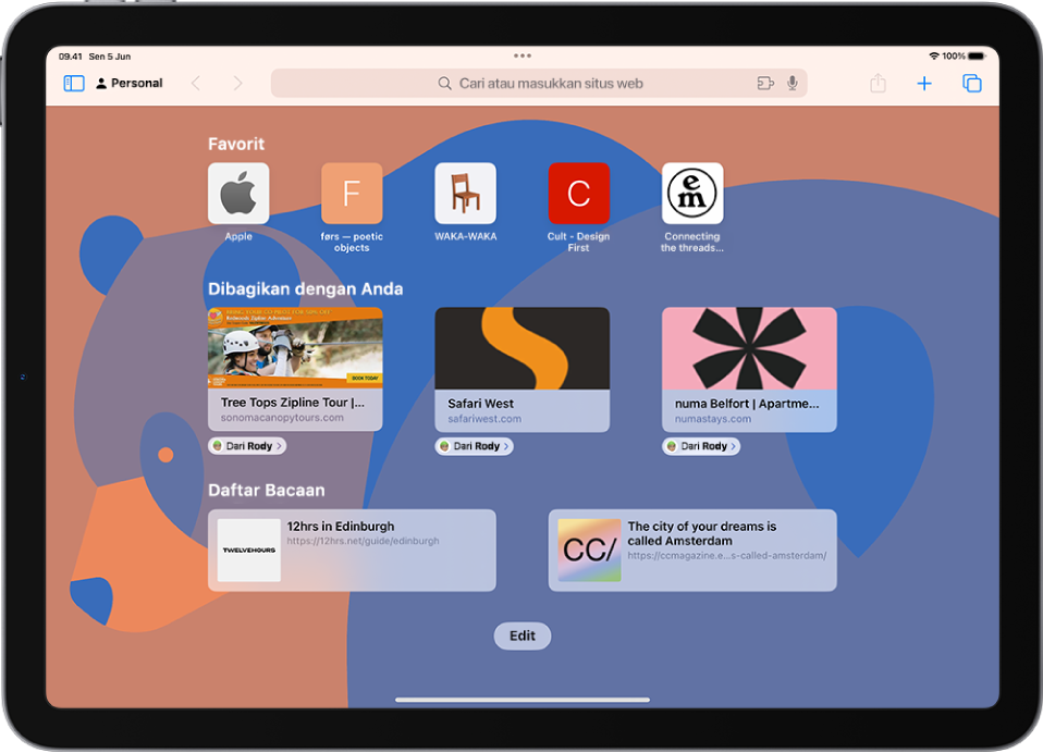 Halaman mulai di Safari, yang menampilkan situs web favorit, situs web yang dibagikan dengan Anda, dan situs web yang disimpan ke Daftar Bacaan Anda. Di bagian bawah layar terdapat tombol Edit.