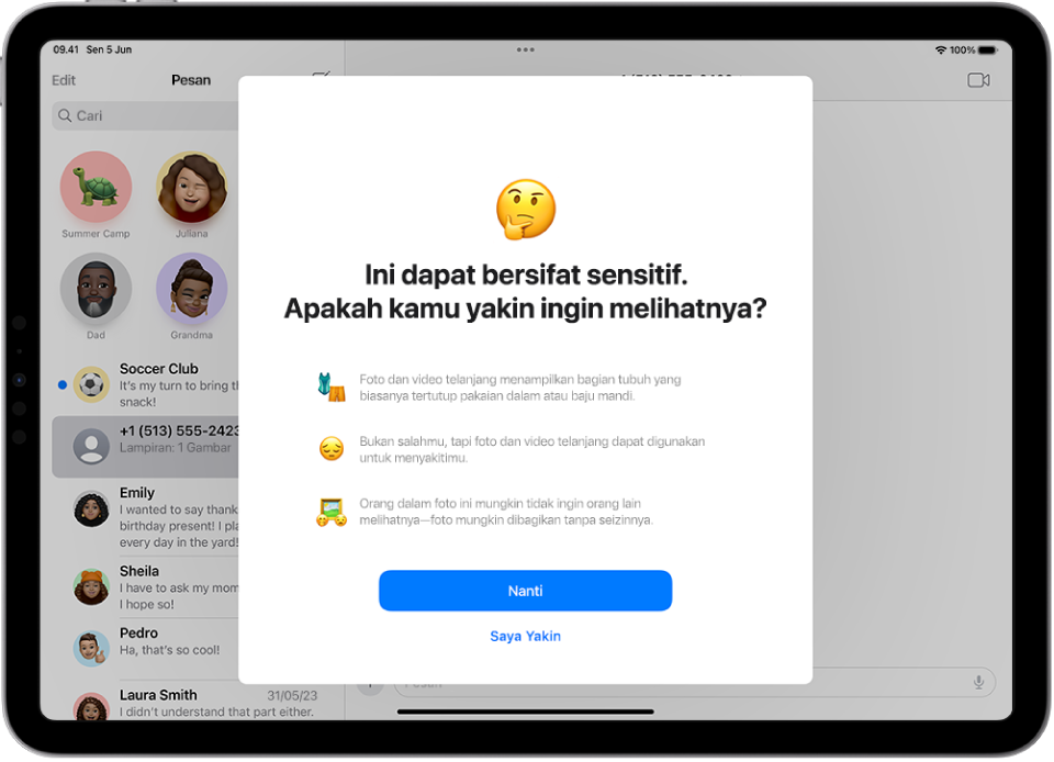 Layar Peringatan Konten Sensitif, peringatan mengenai kemungkinan gambar telanjang. Di bagian bawah layar terdapat tombol berikut: Nanti dan Saya Yakin.