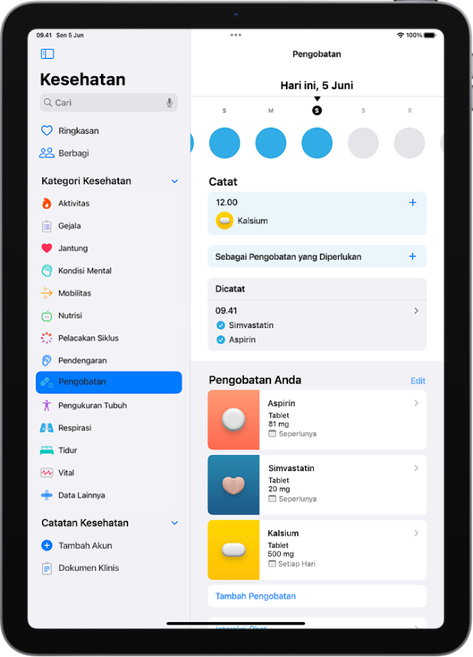 Layar Pengobatan di Kesehatan menampilkan tanggal waktu dan catatan untuk pengobatan.