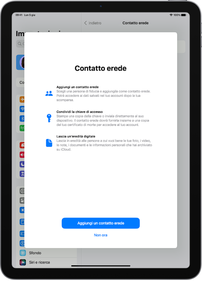 La schermata “Contatto erede” con le informazioni sulla funzionalità. Il pulsante “Aggiungi un contatto erede” si trova nella parte inferiore della schermata.