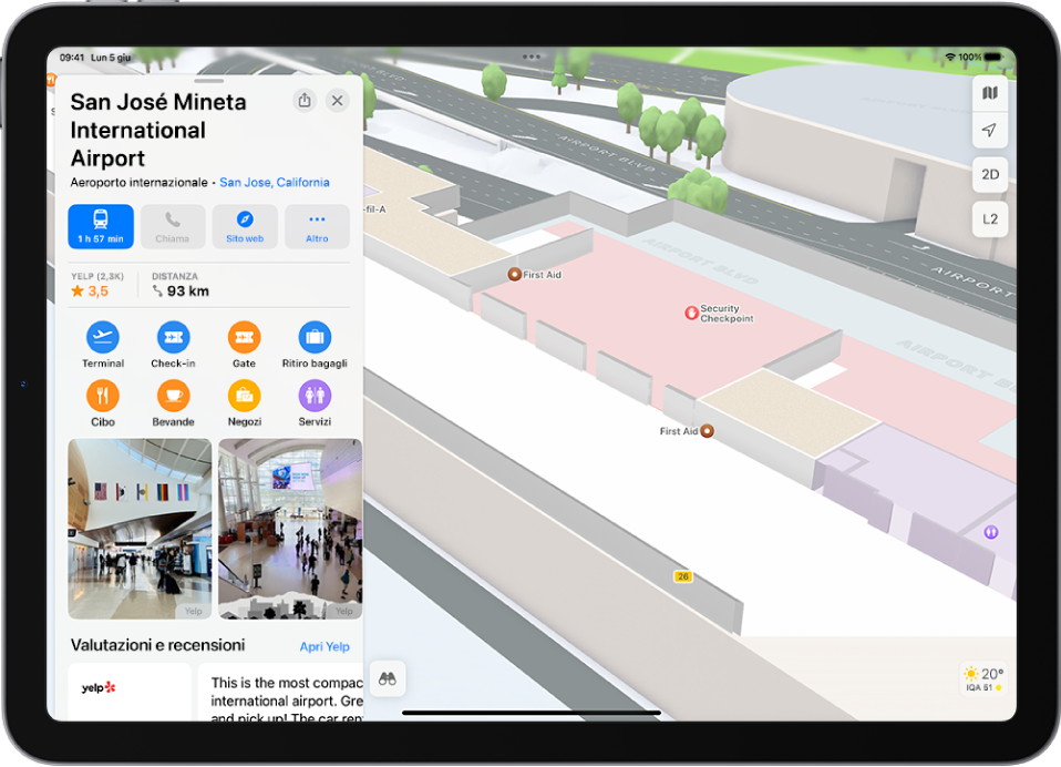 La mappa degli interni del terminal di un aeroporto. La mappa mostra un cancello di imbarco, le toilette, i controlli di sicurezza e un kit di pronto soccorso. Per passare a un altro piano delle mappe degli edifici su più piani, tocca il pulsante L2 (per “Livello 2”).