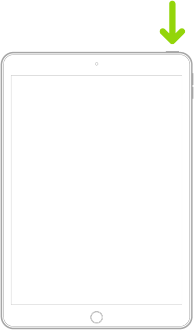 Un’illustrazione di un iPad con il tasto Home. Il tasto superiore si trova vicino al bordo destro.