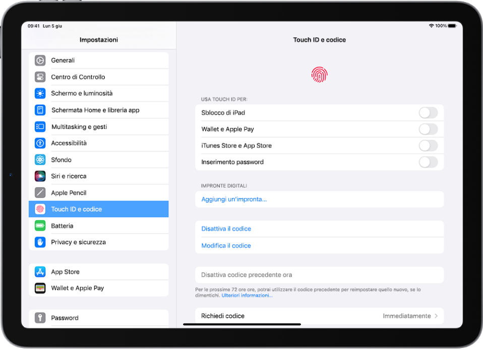 La barra laterale di Impostazioni è sulla sinistra dello schermo e “Touch ID e codice” è selezionato. Sul lato destro dello schermo sono presenti le opzioni per scegliere quali funzionalità possono essere sbloccate con Touch ID. “Sblocco di iPad”, “Wallet e Apple Pay”, “iTunes e App Store” e“Inserimento automatico password” sono disattivati.