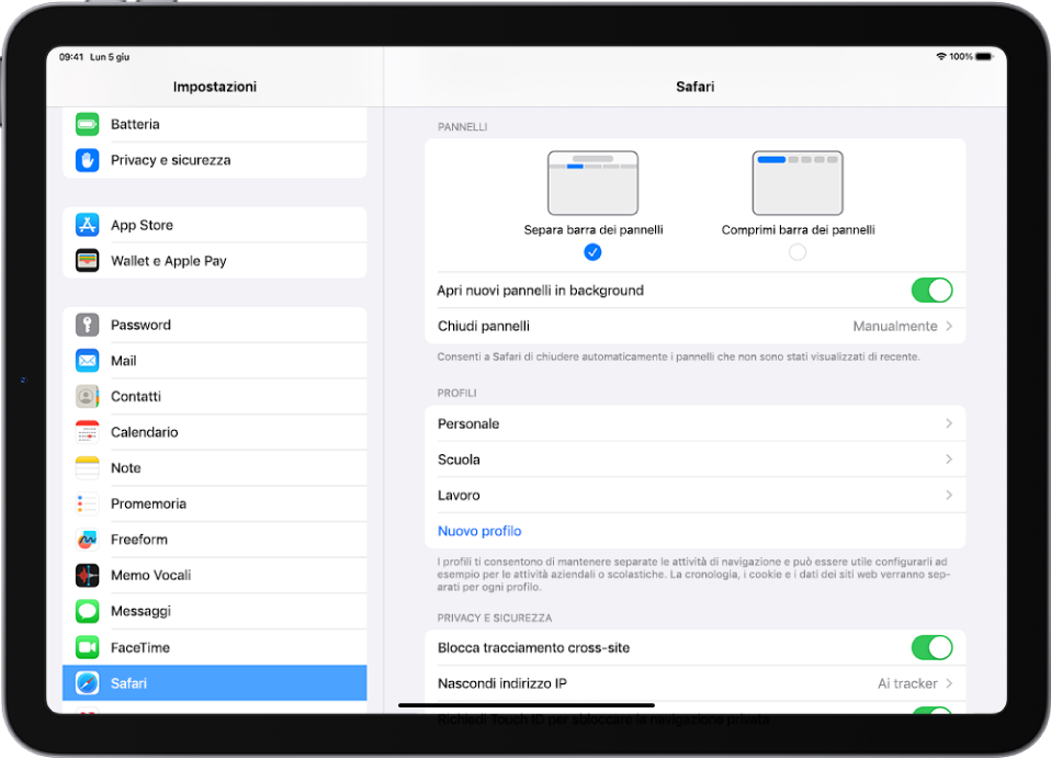 La sezione Safari dell’app Impostazioni. Nella sezione Pannelli, sono presenti le opzioni “Barra dei pannelli separata” o “Barra dei pannelli compatta”.