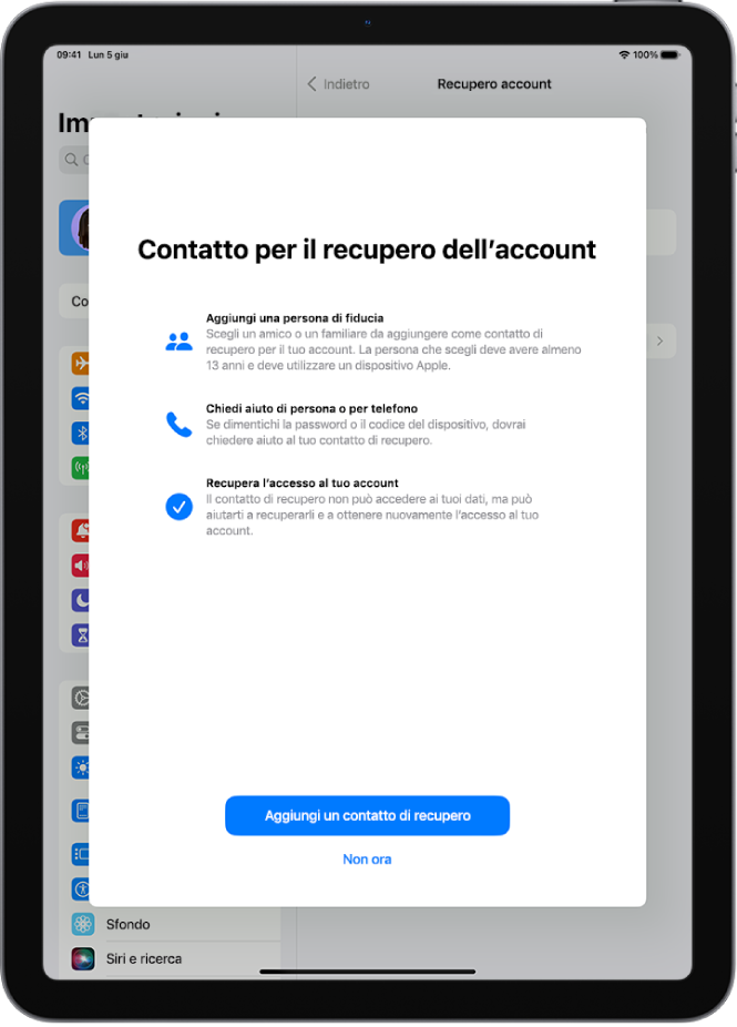 La schermata “Contatto per il recupero dell’account” con le informazioni sulla funzionalità. Il pulsante “Aggiungi un contatto di recupero” si trova nella parte inferiore della schermata