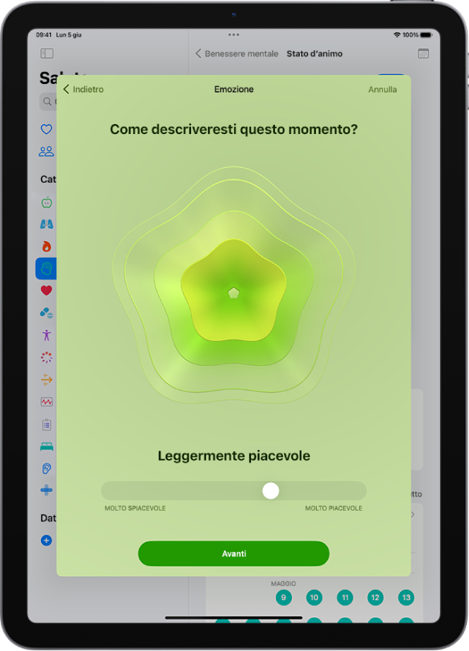 Una schermata nell’app Salute che identifica l’umore attuale come “Leggermente piacevole”. Nella parte inferiore dello schermo è presente un cursore per regolare il livello dell’emozione.