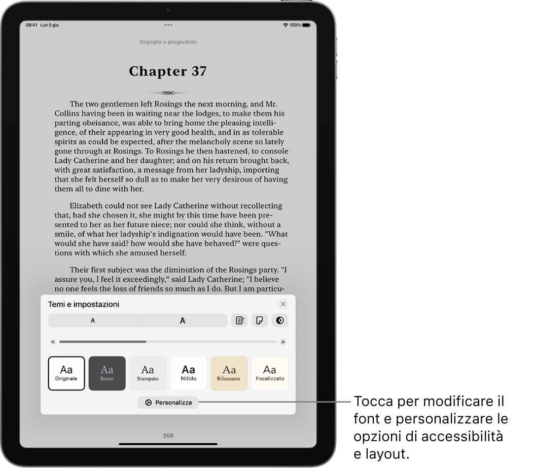 La pagina di un libro nell’app Libri. Le opzioni “Temi e impostazioni” mostrano i controlli per le dimensioni del font, la vista a scorrimento, lo stile del giro pagina, la luminosità e gli stili per il font.