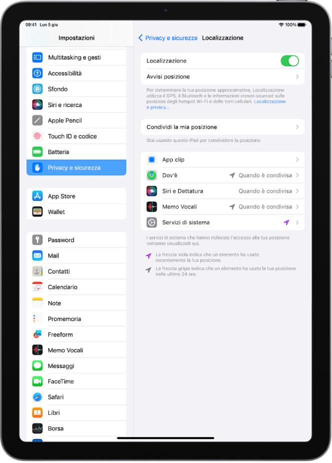 Le impostazioni Localizzazione in “Privacy e sicurezza” con le opzioni per condividere la posizione di iPad, incluse le impostazioni ad hoc per ciascuna app.