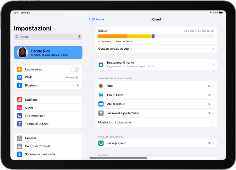 La schermata delle impostazioni di iCloud che mostra la barra dello spazio di archiviazione disponibile e un elenco di app e funzioni che possono essere utilizzate con iCloud.