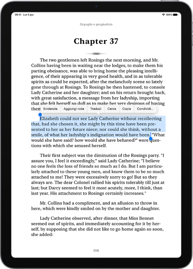 La pagina di un libro nell’app Libri, con una porzione del testo della pagina selezionata. Sopra il testo selezionato sono presenti i pulsanti Evidenzia, “Aggiungi nota”, Traduci, Cerca, Copia e Condividi.