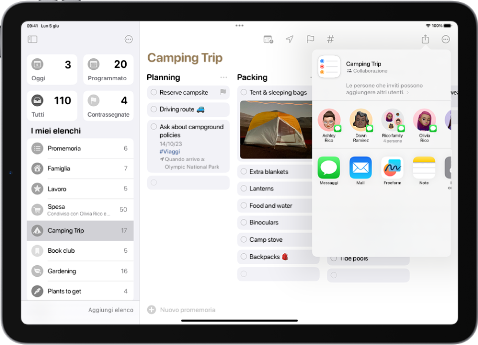 Una schermata di Promemoria che mostra un elenco. Sulla destra sono presenti le opzioni per condividere l’elenco.