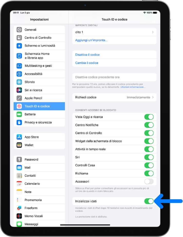 L’opzione “Inizializza i dati”, nella parte inferiore della schermata “Touch ID e codice” in Impostazioni.