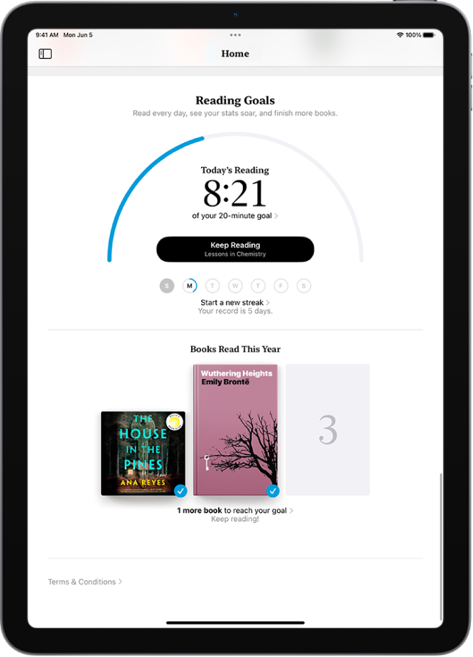 Ekranas „Reading Goals“, kuriame rodoma naudotojo statistika, pvz., šiandienos skaitiniai, savaitės skaitymo rekordas ir šiemet perskaitytos knygos.