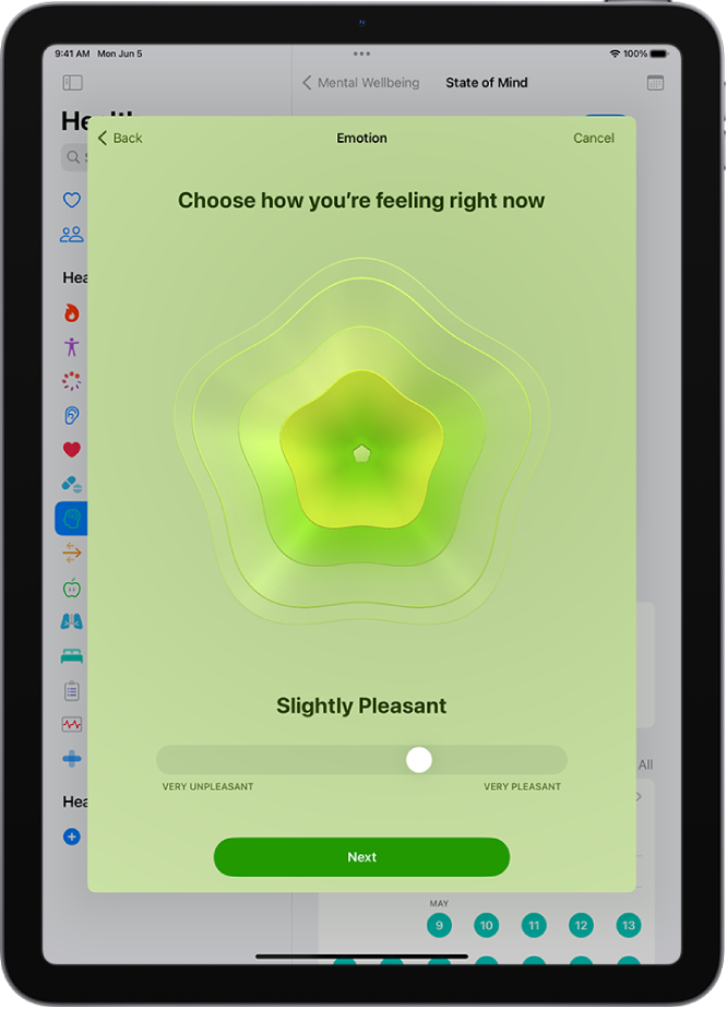 Programos „Health“ ekranas, kuriame dabartinė nuotaika įvardijama kaip šiek tiek maloni. Ekrano apačioje yra slankiklis emocijos lygiui koreguoti.