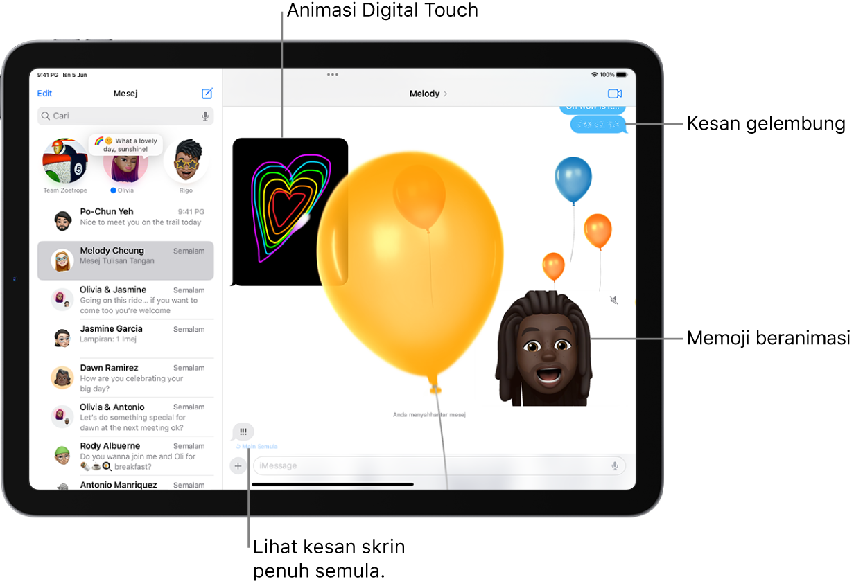 Perbualan mesej dengan gelembung dan kesan skrin penuh serta animasi: Digital Touch dan mesej tulisan tangan.