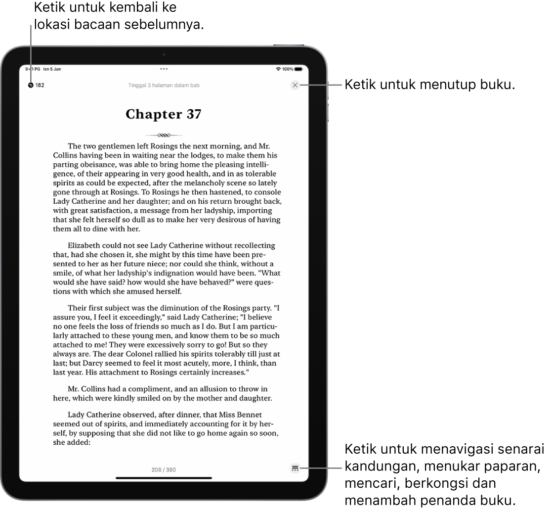 Halaman buku dalam app Buku. Di bahagian atas skrin ialah butang untuk kembali ke halaman yang anda mula membaca dan untuk menutup buku. Di bahagian kanan bawah skrin ialah butang Menu.