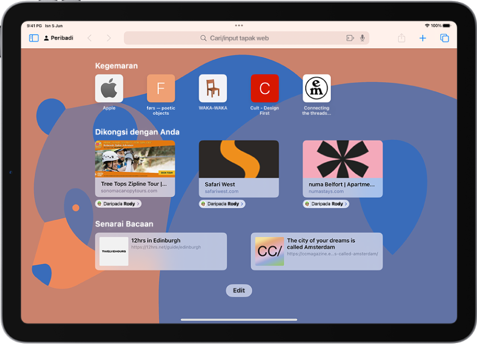 Halaman mula dalam Safari, yang menunjukkan tapak web kegemaran, tapak web yang dikongsi dengan anda dan tapak web yang disimpan ke Senarai Bacaan anda. Di bahagian bawah skrin ialah butang Edit.